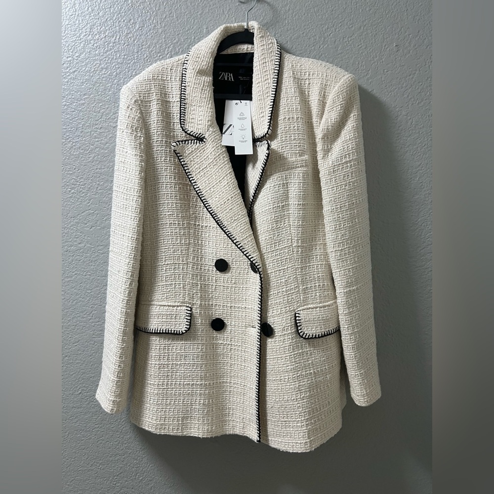 Zara Women's Textured Cream Blazer with Black Trim